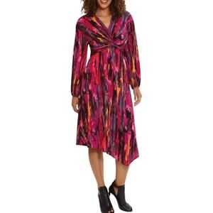 MAGGY LONDON TWIST FRONT ASYMMETRIC‎ HEM MIDI DRESS IN BERRY MULTI NWT SIZE 14W
